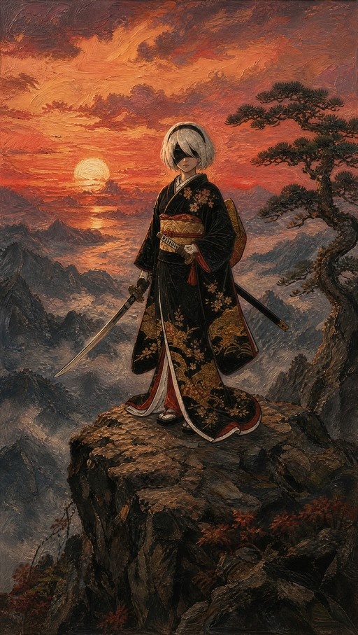 Blindfolded character 2B in a black kimono holding a sword on a mountain cliff during sunset.
