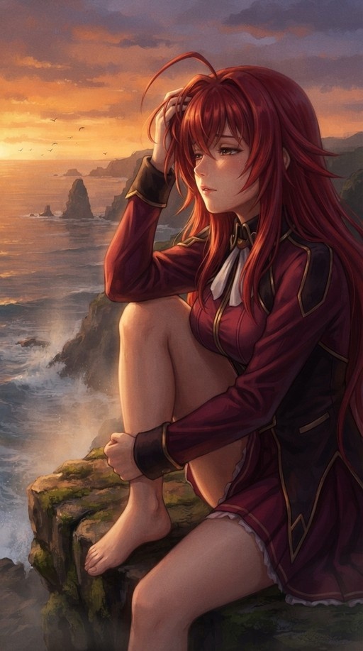 Rias Gremory sitting barefoot on a cliff edge overlooking the ocean at sunset