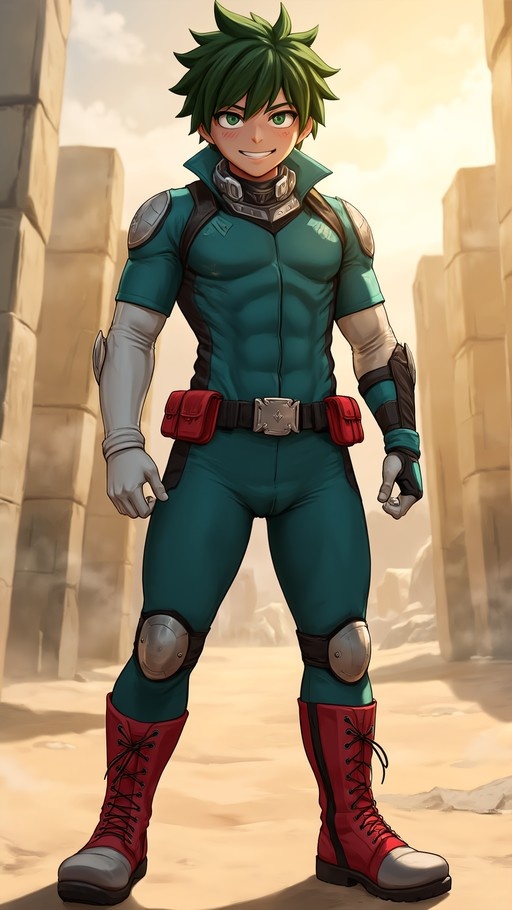 Full body illustration of Izuku Midoriya from My Hero Academia wearing a teal bodysuit and red boots, standing in a desert with stone ruins behind him.