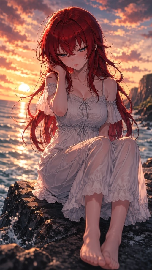 Red-haired anime girl in a white dress sitting on wet rocks by the ocean at sunset.