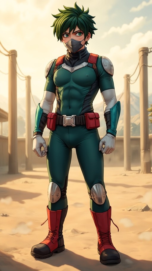 A digital illustration of Izuku Midoriya from My Hero Academia wearing a green and red superhero costume with a black face mask, standing in a sunny outdoor area with utility poles.