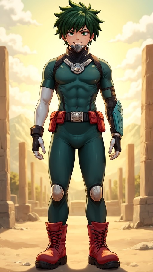 Full-body illustration of Izuku Midoriya in a teal superhero suit with red boots and knee pads standing among stone ruins under a bright sky.