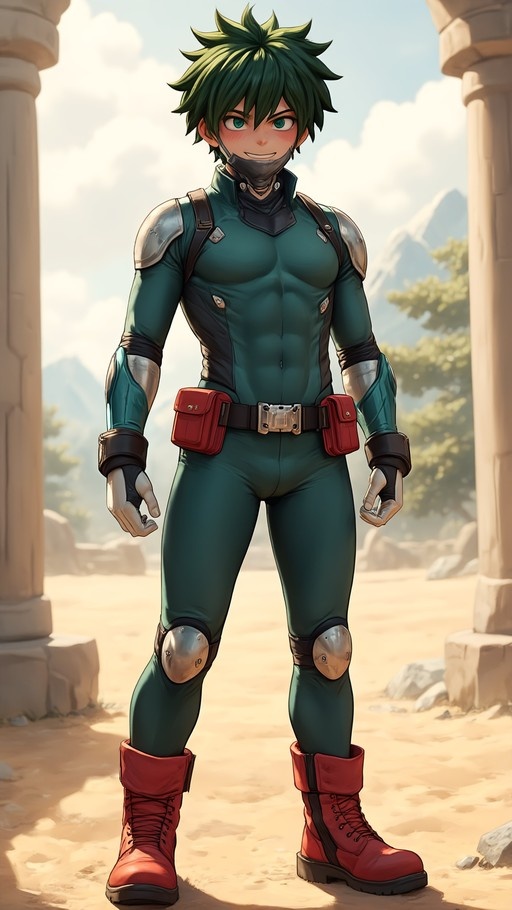 A full-body illustration of Izuku Midoriya from My Hero Academia wearing a teal bodysuit with silver armor and red boots, standing between stone pillars in a sunny outdoor setting.