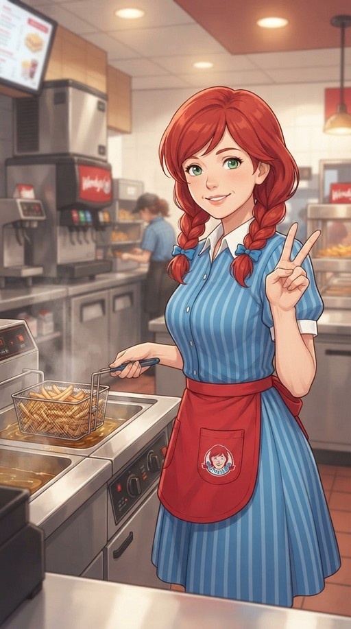 A smiling red-haired woman with twin braids wearing a blue striped dress and red Wendy's apron holds a basket of french fries over a fryer while making a peace sign in a fast-food kitchen.