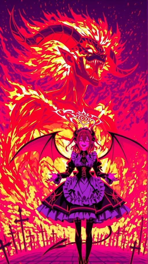 A smiling demon girl in a purple maid outfit with bat wings stands before a large roaring dragon surrounded by fire and crosses.