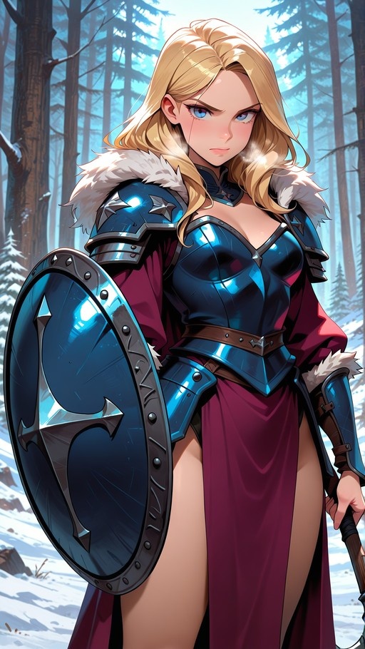 A blonde woman in shiny blue armor with fur trim holds a large shield while standing in a snowy forest.