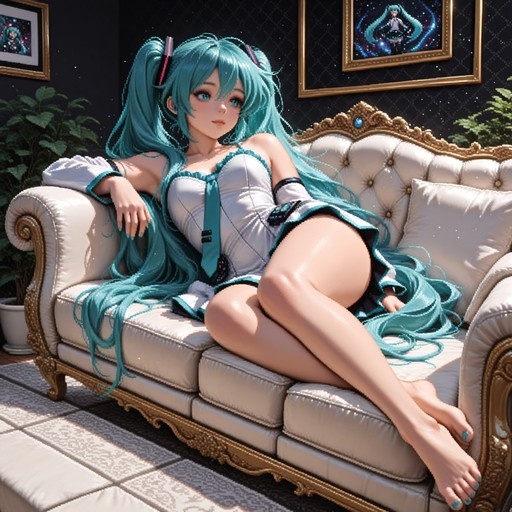 Hatsune Miku lying on a white couch with framed art in the background.