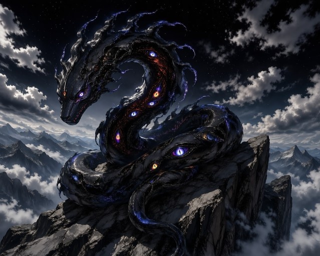 A dark, serpentine dragon with multiple glowing purple and orange eyes coils around a rocky cliff peak against a starry night sky with clouds.