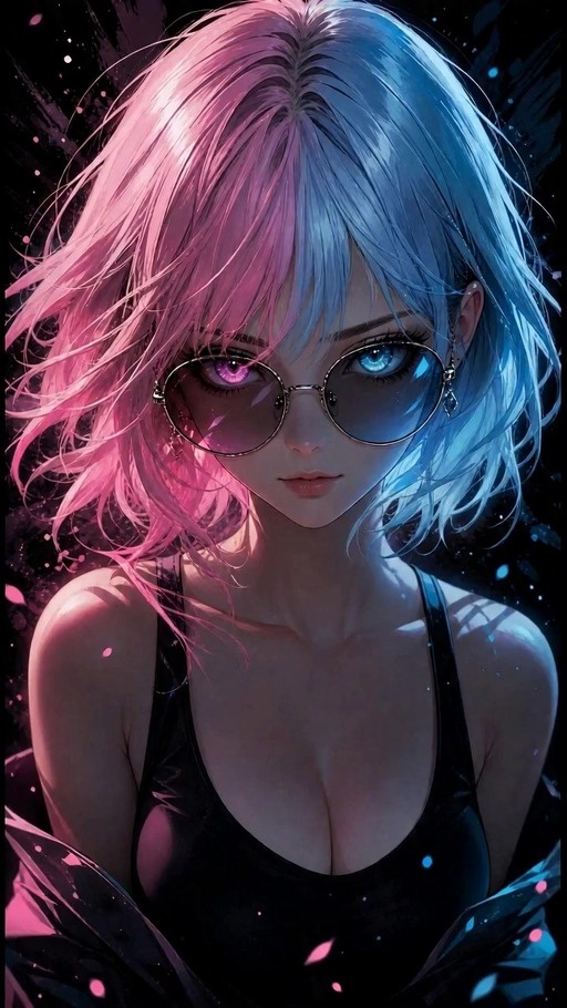A close-up of a solo anime girl with split pink and blue hair and mismatched eyes, wearing a black tank top and holding round sunglasses while looking directly forward.