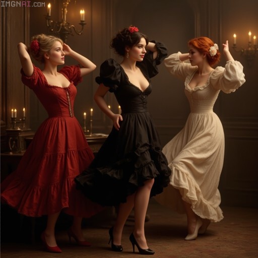 Three women in red, black, and cream flamenco-style dresses pose while dancing in a dimly lit, candlelit tablao with wooden walls.