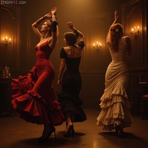 Three women in ruffled red, black, and white gowns dance with arms raised in a dimly lit, candlelit tablao.