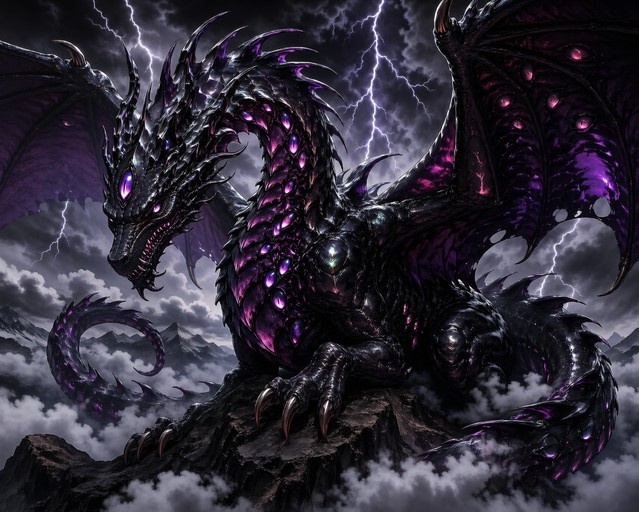 A large black dragon with glowing purple eyes and multiple eyes on its body sits on a rocky cliff amidst clouds and lightning.
