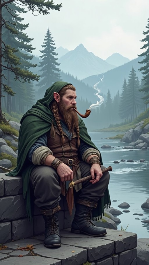 A bearded fantasy warrior with braided hair and pointed ears sits on stone steps smoking a pipe near a river, wearing a green cloak and holding a sword.