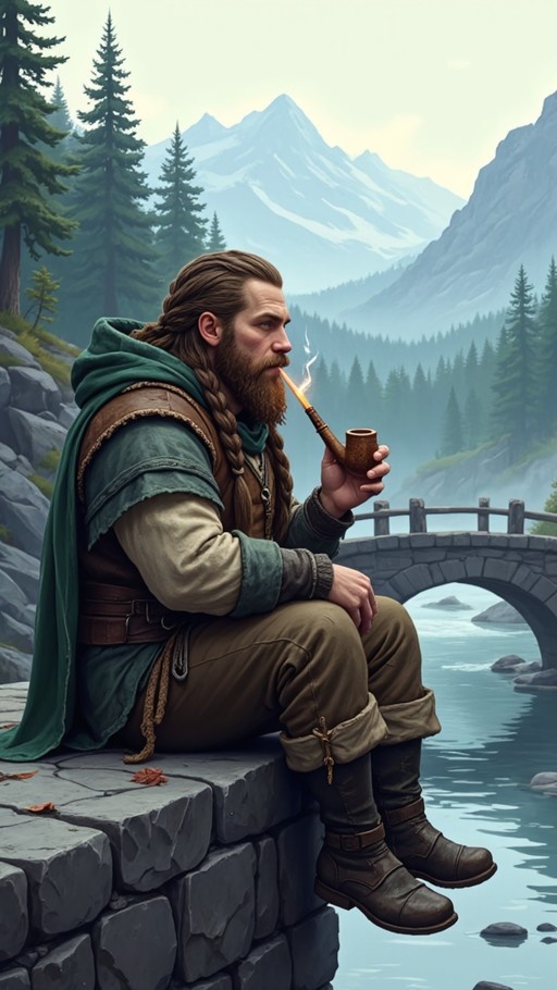 A bearded man with long braided hair wearing a green cloak sits on a stone wall smoking a pipe, with mountains and a stone bridge in the background.