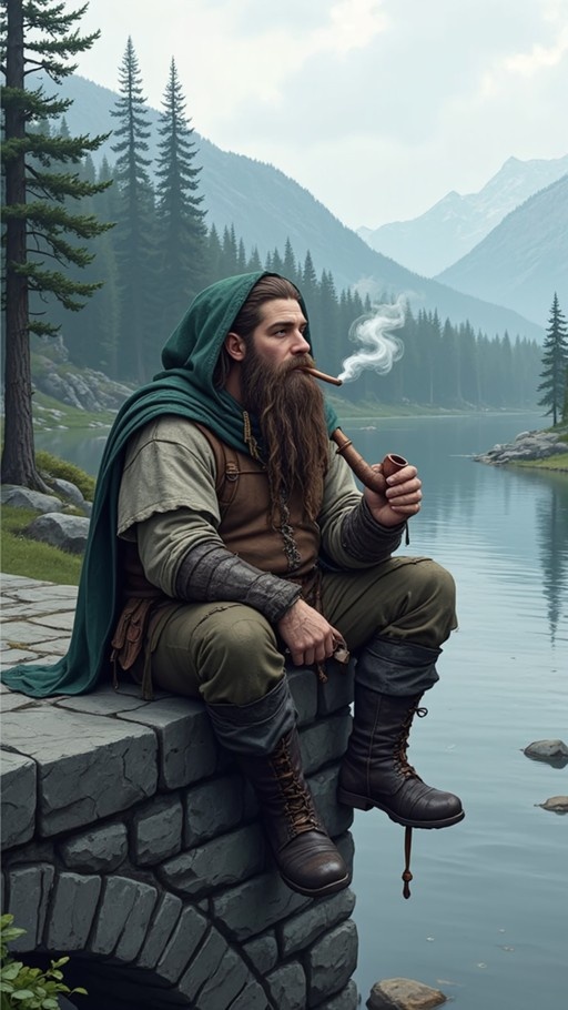 A bearded fantasy adventurer in a green hooded cloak sitting on a stone wall by a lake and smoking a large wooden pipe with mountains in the background.