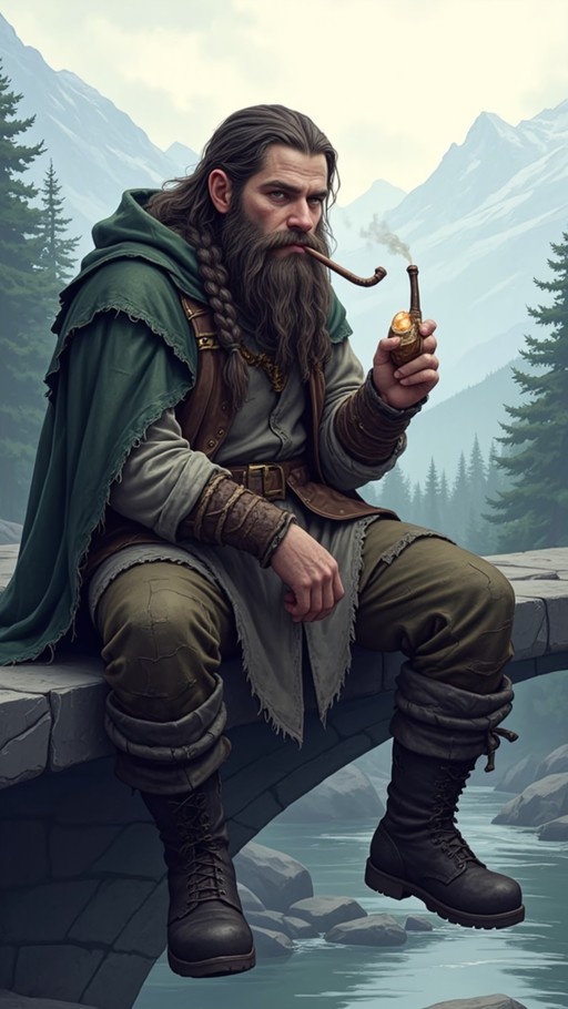 A bearded fantasy character with long braided hair and a green cloak sits on a stone bridge over a river, holding a smoking pipe while another is in his mouth, set against misty mountains.