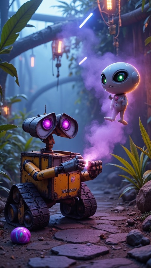 A yellow tracked robot holds a light for a small floating white robot in a misty garden setting.