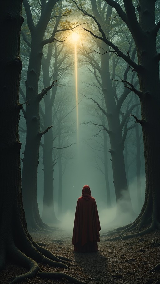 A person in a red hooded cloak stands on a forest path looking up at a beam of sunlight breaking through the misty trees.