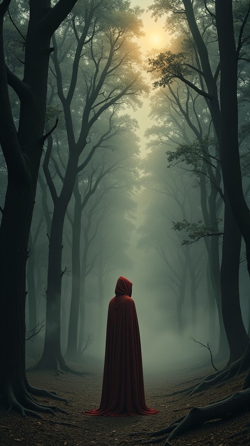 A person wearing a long red hooded cloak stands on a path in a foggy forest with sunlight filtering through the trees.