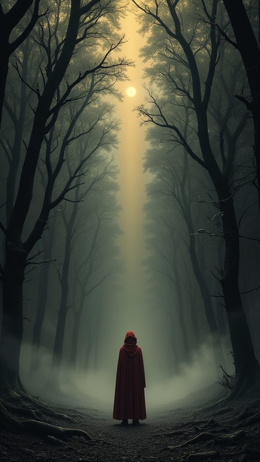 A person in a red hooded cape stands on a path in a foggy forest looking at a bright light.