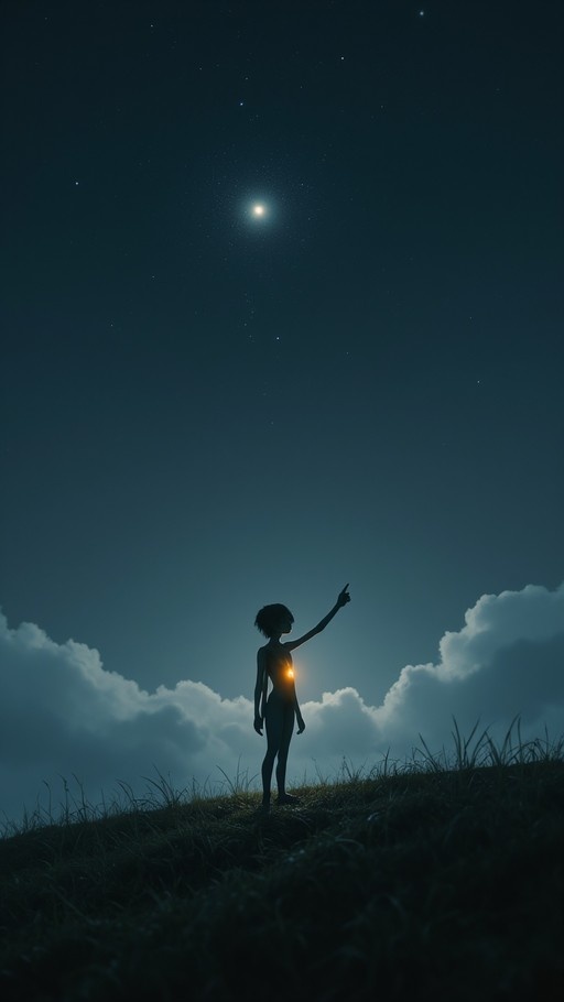 A silhouette of a person standing on a grassy hill at night, pointing up at a bright star in the cloudy sky.
