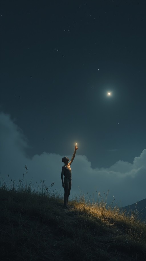 A shirtless man stands on a grassy hill at night, pointing his glowing index finger up towards a bright star in the dark blue sky near the moon.