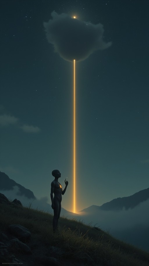 A sleek alien humanoid stands on a grassy hill at night, reaching toward a vertical golden light beam descending from a cloud in the starry sky.