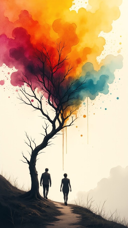 Silhouettes of two people walking along a path beside a large tree with vibrant, multicolored watercolor branches.
