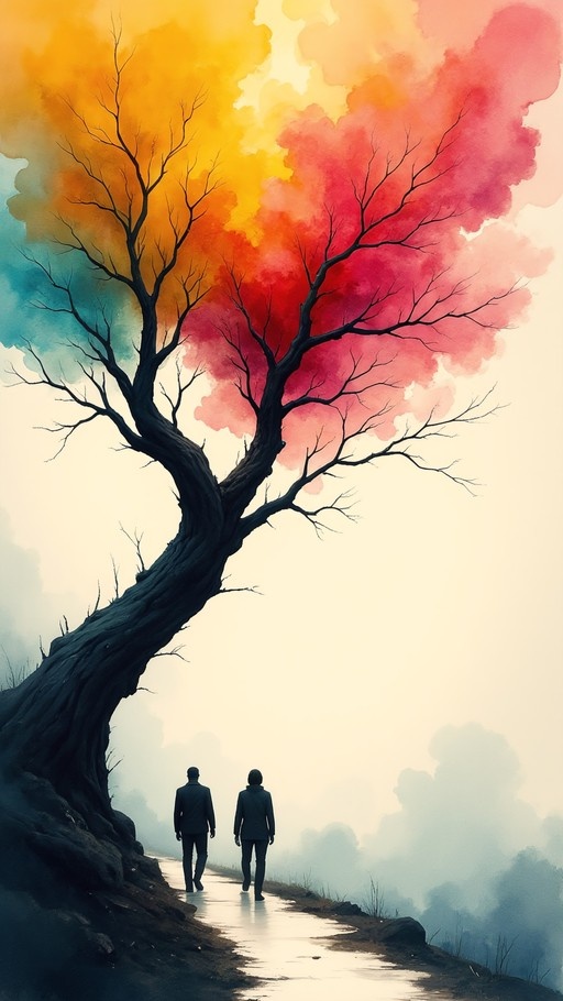 Two silhouetted figures walk down a wet path beneath a large tree with a colorful watercolor canopy of yellow, orange, red and blue hues.