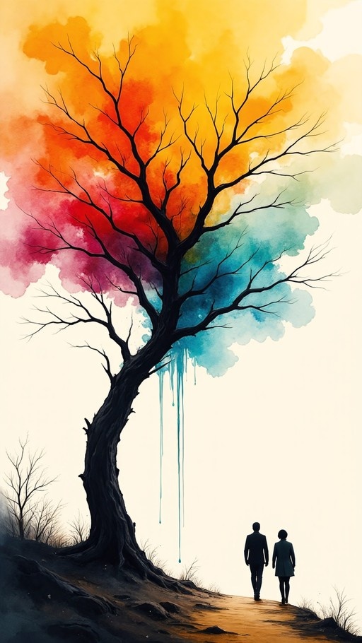A digital painting of a large dark tree with vibrant yellow, red, and blue watercolor washes for foliage, while two silhouetted figures walk along a path in the foreground.