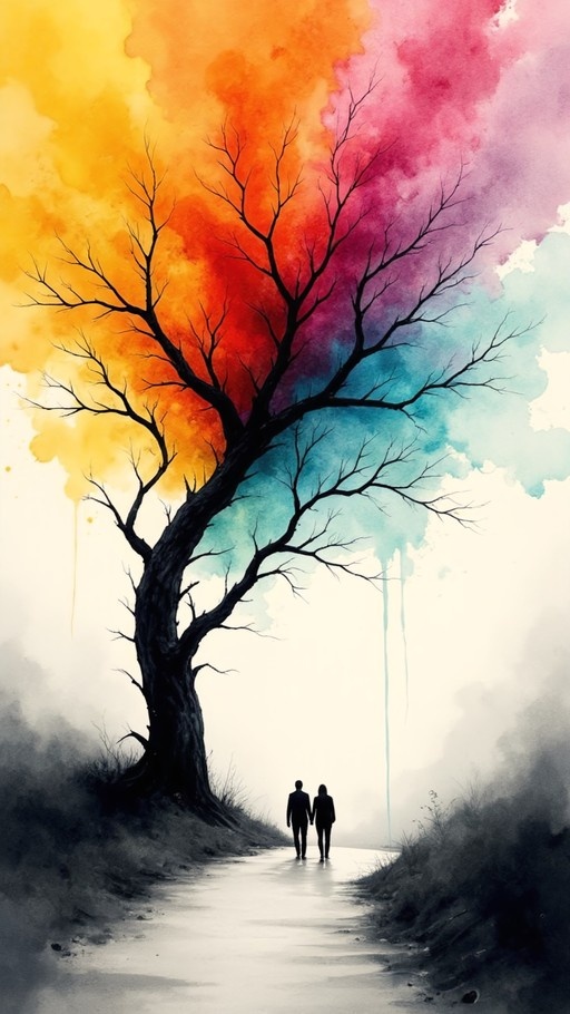 Silhouette of a couple holding hands walking under a tree with a colorful watercolor background