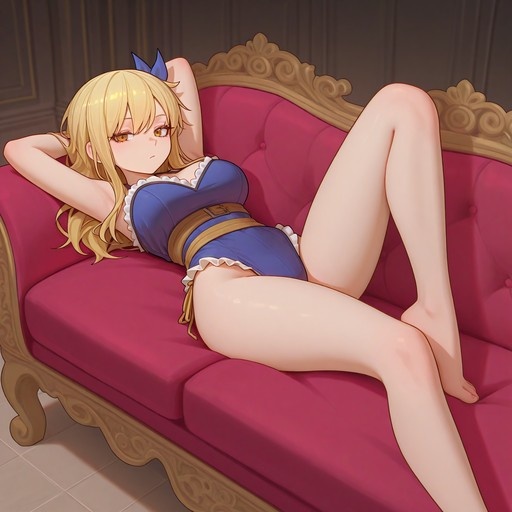 Lucy Heartfilia from Fairy Tail lying on a pink sofa wearing a blue leotard.