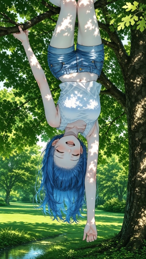 An anime-style illustration of a blue-haired girl hanging upside down from a tree branch in a sunny park, wearing denim shorts and a white top.