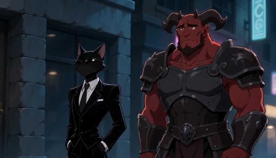 A red-skinned horned demon with a beard stands on a wet city street at night wearing a suit while rain falls under neon lights.