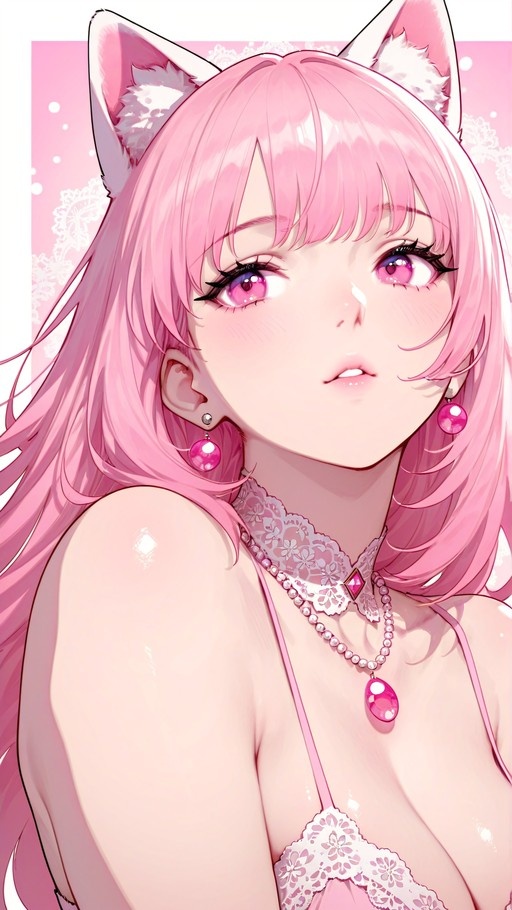A close-up digital illustration of an anime-style cat girl with long pink hair and fluffy ears, wearing a pearl necklace and pink earrings against a pink background.