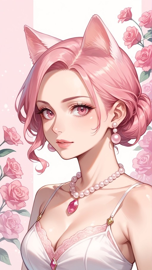 Digital illustration of a pink-haired anime girl with cat ears wearing a pearl necklace and earrings amidst pink roses.