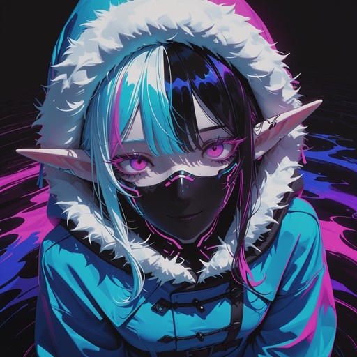 Close-up portrait of an anime elf girl with black, blue and pink hair wearing a blue jacket with white fur trim and a face mask.