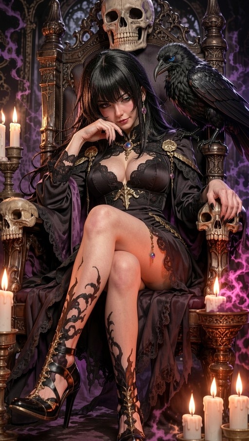 A woman with long black hair sits on a throne decorated with skulls while a black bird perches nearby in a candlelit gothic setting.