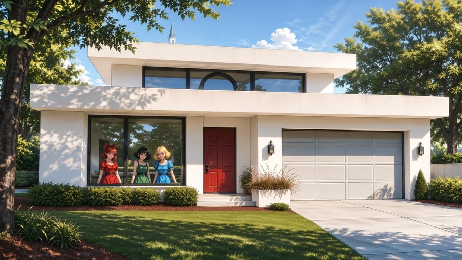 Three anime-style girls standing in a large window of a modern white house on a sunny day.