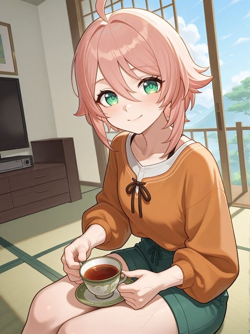 Pink-haired anime girl sitting on tatami mats holding a teacup and smiling