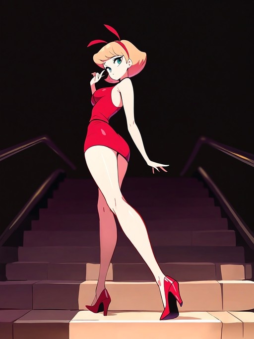 Misty from Pokémon stands on a staircase in a red dress and high heels, looking back over her shoulder.