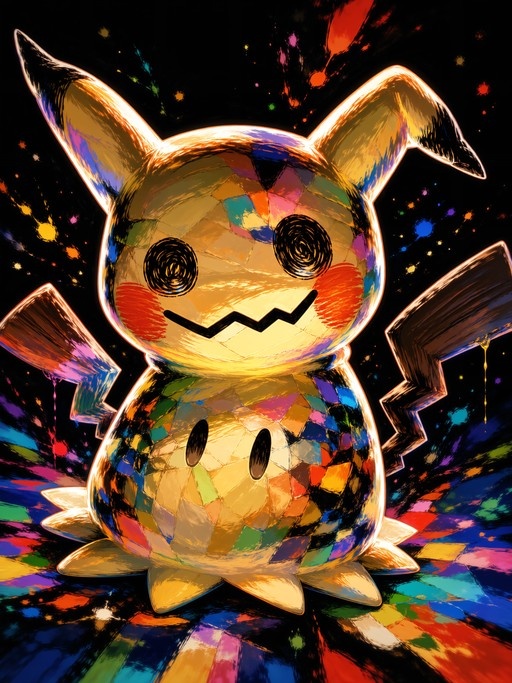 A full-body illustration of the Pokémon Mimikyu depicted in a vibrant, multi-colored mosaic style with paint splatters in the background.
