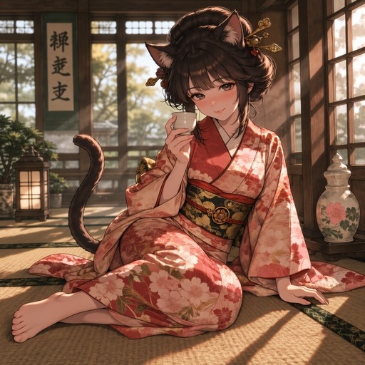 Anime-style cat girl with brown hair and ears wearing a pink floral kimono, sitting on tatami mats and holding a small choko cup while smiling.