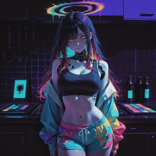 A cyberpunk anime girl with mechanical neck joints and a dripping neon halo stands in a dark kitchen wearing a black sports bra and colorful shorts.