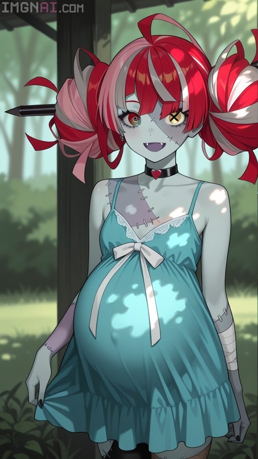 A pregnant Kureiji Ollie with grey patchwork skin and stitches stands outdoors wearing a blue dress. She has red and pink hair in pigtails, heterochromia with one eye featuring an X-shaped pupil, and fangs.