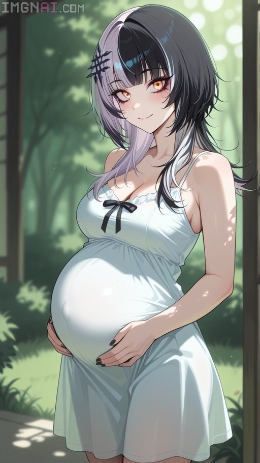 An anime-style illustration of a pregnant woman with black and lavender split hair wearing a white dress and holding her belly in an outdoor setting.