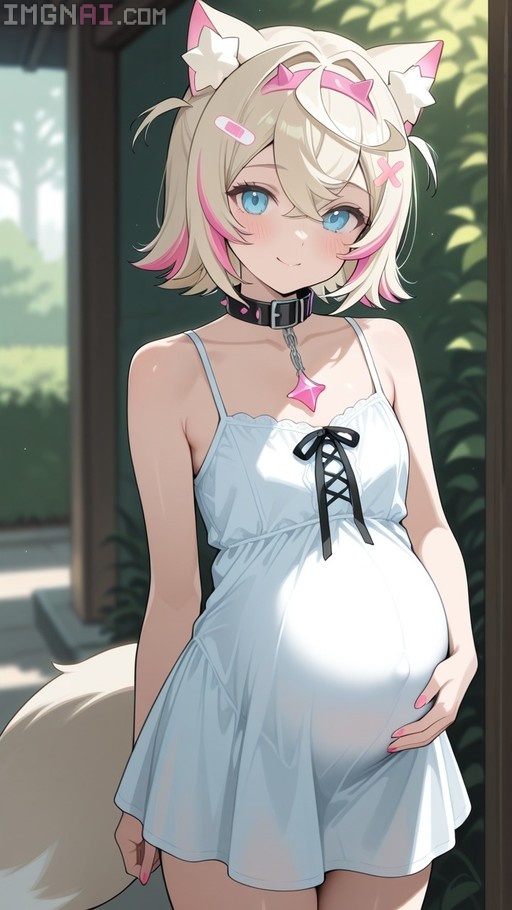 Pregnant Mococo Abyssgard with dog ears and blonde hair in a white sundress holding her baby bump.