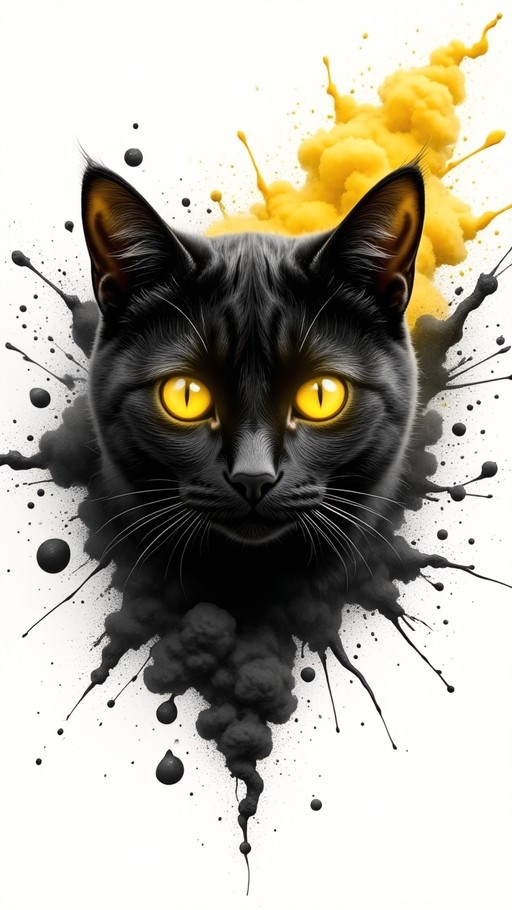 Close-up portrait of a black cat with bright yellow eyes and slit pupils, framed by dynamic black and yellow ink splatters on a white background.