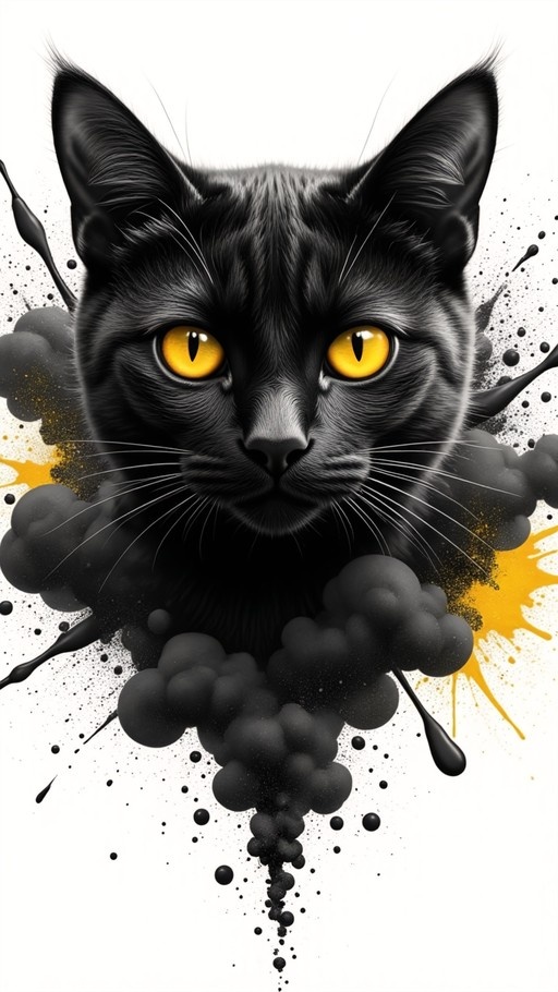 Close-up of a black cat with intense yellow eyes emerging from black smoke and paint splatters against a white background.