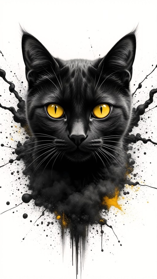 Close-up of a black cat with bright yellow eyes surrounded by black and yellow ink splatters on a white background.